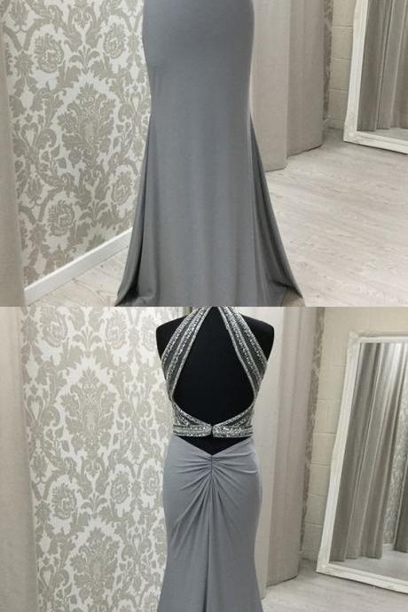 Elegant Two Piece Grey Long Prom Dresses, Unique Beading Bodice Party Dresses, Modest Open Back Mermaid Evening Dresses M1261