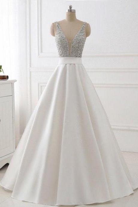 A-line V-neck Beaded Top Ivory Satin Long Prom/pageant Dresses M1264