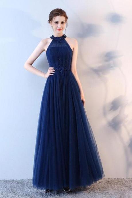 Blue Halter Tulle Long Prom Dress, Blue Evening Dress, M1274