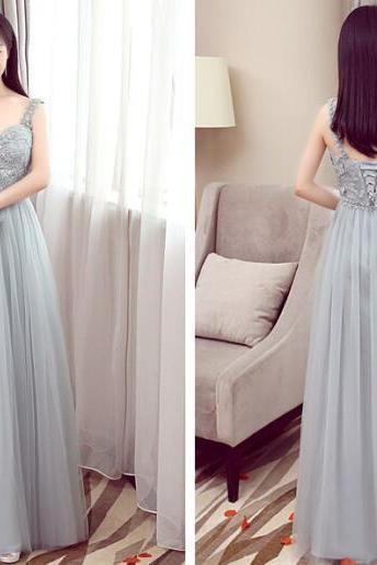 Mismatched Affordable Gray Lace Soft Tulle Long Bridesmaid Dresses, Custom Long Bridesmaid Dresses, Affordable Bridesmaid Gowns, M1275
