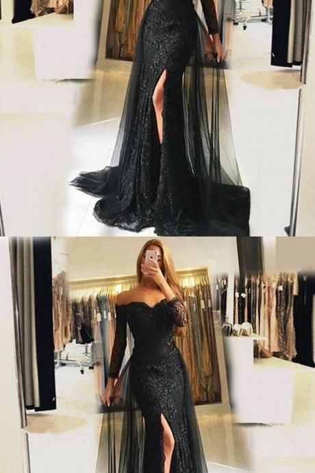 Mermaid Off The Shoulder Detachable Train Black Tulle Prom Dress With Beading Lace, M1296