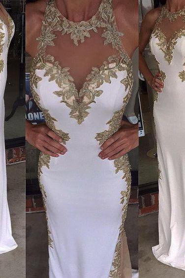 White Prom Dresses Long With Gold Details And See Through Side Lace Appliques Sexy Prom Gowns With High Neck Custom Made M1305