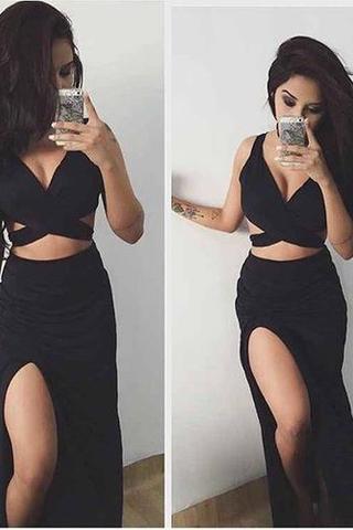 Black Two Pieces Side Slit Long Sexy Beach Prom Dresses M1307