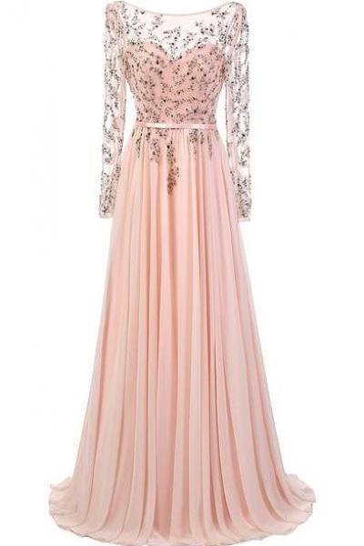 Elegant A-line Scoop Prom Dresses,floor Length Pink Chiffon Prom/evening Dress With Long Sleeves M1314