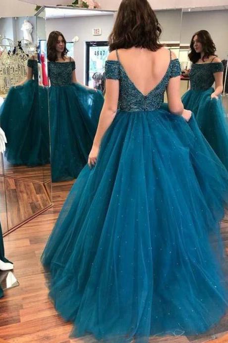 Sexy Off Shoulder Backless Teal A Line Long Evening Prom Dresses, Popular Long 2018 Party Prom Dresses M1319