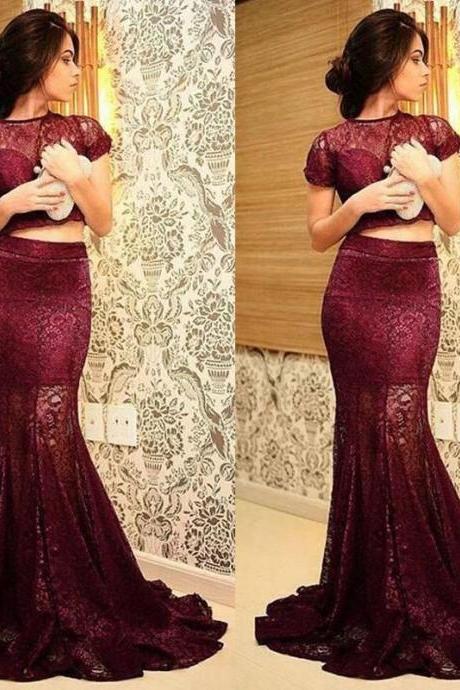 2018 Charming Maroon Two Pieces Prom Dresses Short Sleeves Sheer Lace Sexy Burgundy Mermaid Evening Gowns, Prom Dresses, M1324