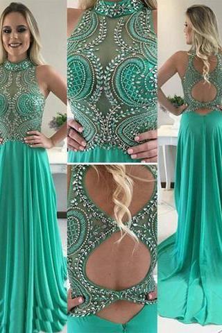 Sexy Open Back Halter Delicately Beaded Green Long Evening Prom Dresses, Popular Long Custom Party Prom Dresses M1325