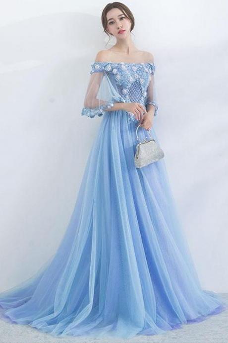 Unique Blue Tulle Off Shoulder Long Prom Dress, Blue Evening Dress M1337