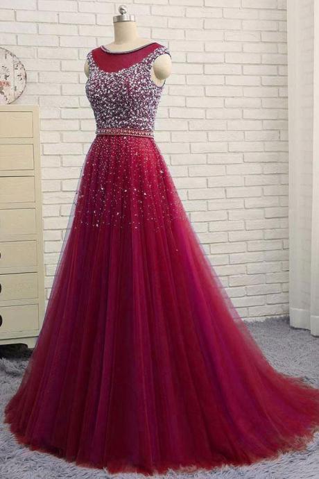 Burgundy Round Neck Tulle Sequin Tulle Long Prom Dress. Burgundy Evening Dress M1367