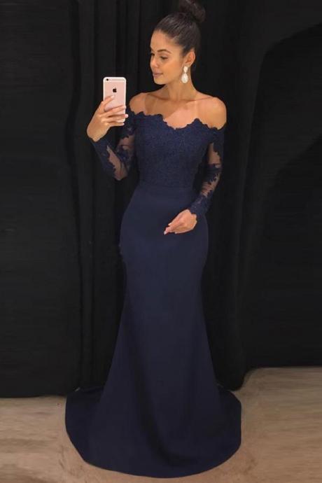 Navy Mermaid Off The Shoulder Long Prom Dresses With Long Sleeves M1371