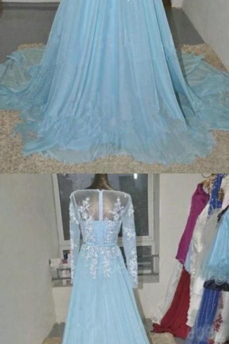 Cathedral Train Prom Dresses, Blue Cathedral Train Prom Dresses, Cathedral Train Long Prom Dresses, Baby Blue Long Sleeves Lace Beading Chiffon