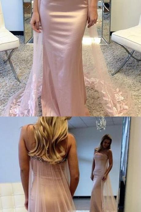Pink Prom Dresses, Long Prom Dresses, Mermaid Sweep Train Long Pink Spaghetti Straps Beauty Prom Dresses M1377