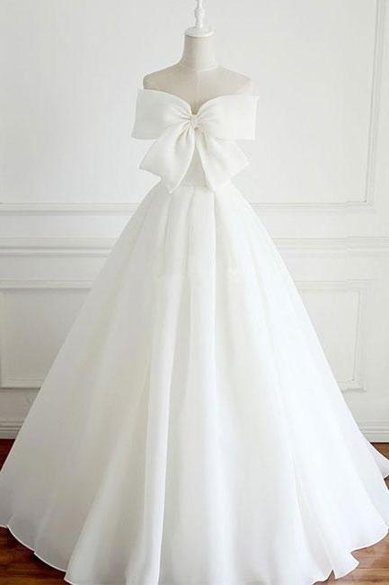 White Bow Long Prom Dress, White Evening Dress M1380