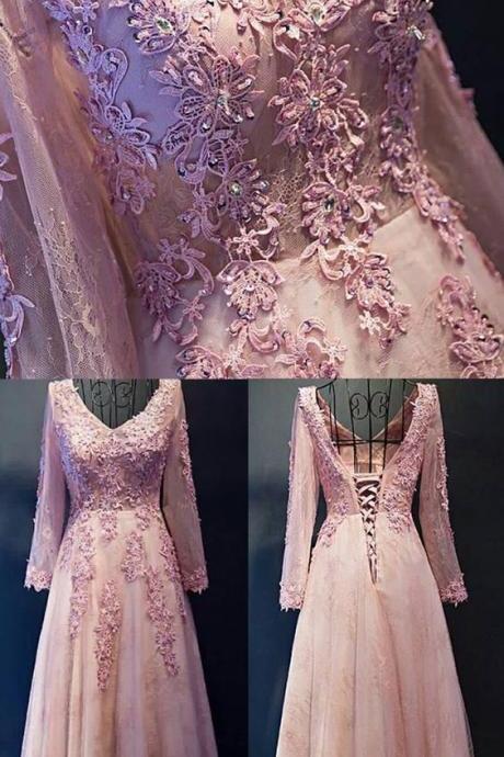A-line/princess Evening Prom Dresses Long Pink Dresses With Lace Up Applique Floor-length Light Prom Dresses M1391
