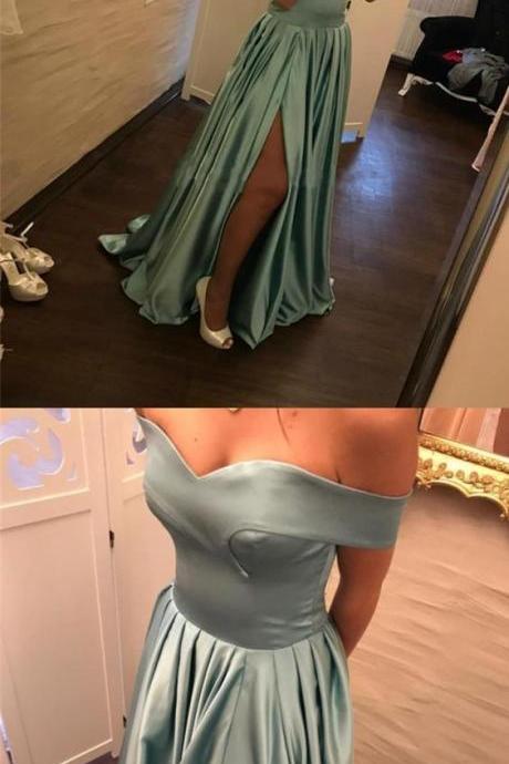 A-line Off-the-shoulder Turquoise Slit Leg Prom Dress With Pleats M1408