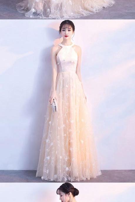 Champagne Lace Tulle Long Prom Dress, Champagne Evening Dress M1409