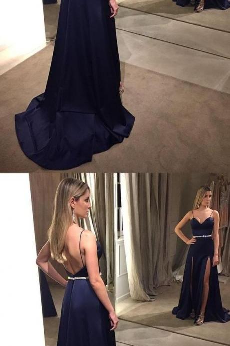 A-line Spaghetti Straps Dark Blue Satin Prom Dress With Beading Split M1413