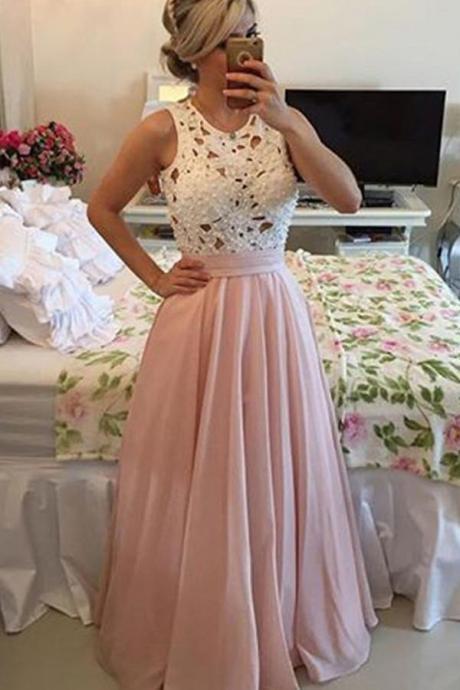 Floor Length Chiffon Prom Dress Evening Dresses With Lace Pearls M1424