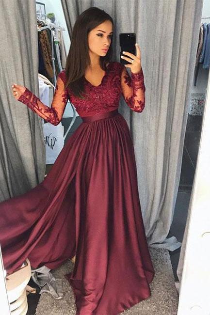 Long Sleeve Lace Dark Red Side Slit A Line Long Evening Prom Dresses, Popular Long Custom Party Prom Dresses, M1431