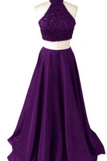 Purple Prom Dresses, Two Piece Prom Dresses, Two Pieces Long Beaded Purple Beauty Prom Dresses, M1436