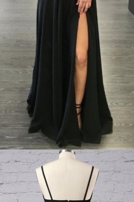 Long A-line/princess Prom Dresses, Black Spaghetti Strap With Split-front Floor-length Prom Dresses M1444