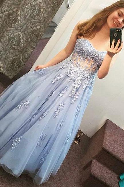 Blue Lace Tulle Long Prom Dress, Sweetheart Evening Dress M1455