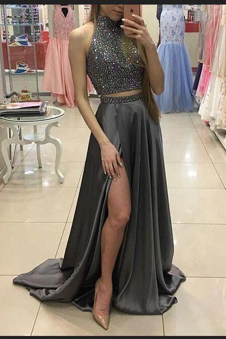 Two Pieces Prom Dresses,beaded Prom Dresses,gray Prom Dresses,front Split Prom Dress,long Prom Dresses,modest Prom Dresses,sparkly Prom Dresses,
