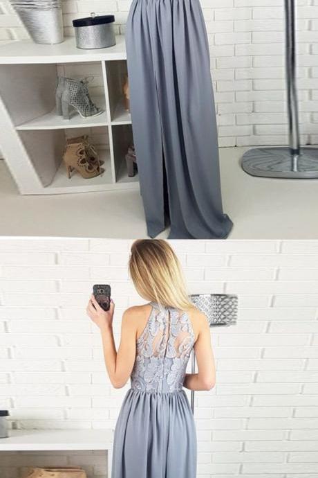 A-line Round Neck Split Front Floor-length Grey Satin Prom Dress With Lace M1466