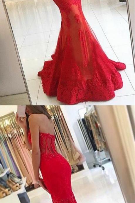 Mermaid Spaghetti Straps Sweep Train Red Prom Dress With Appliques M1480