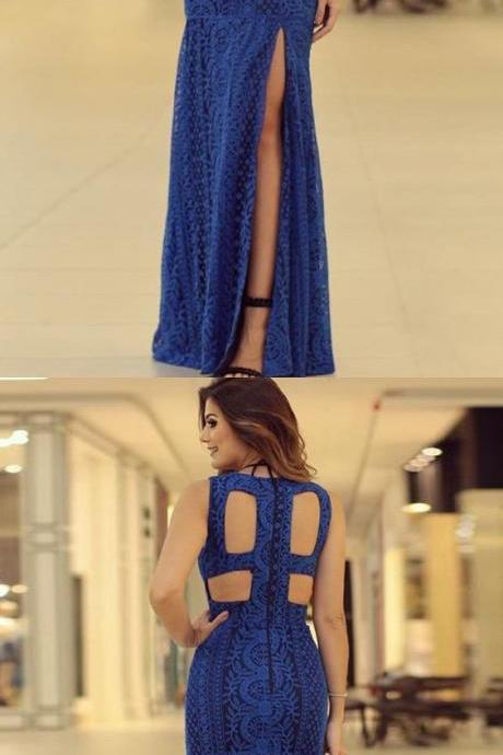 Mermaid Cross Neck Floor-length Split Royal Blue Lace Open Back Prom Dress M1491