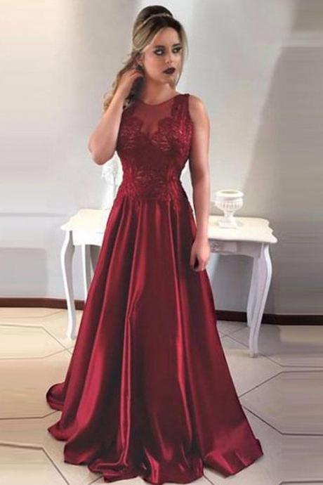 A-line Round Neck V-back Maroon Satin Prom Dresses With Lace M1513