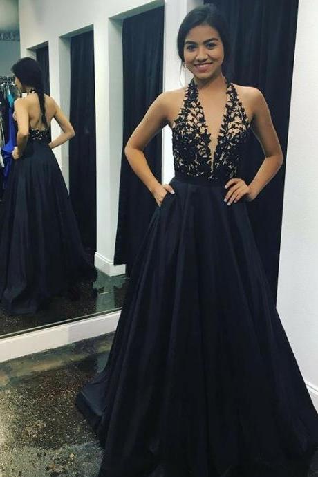 A-line Deep V-neck Sweep Train Black Satin Backless Prom Dress With Appliques M1524