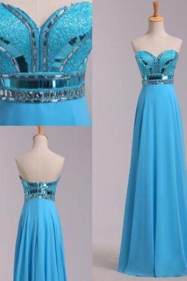 Nice Long A-line/princess Prom Dresses, Light Blue Sleeveless With Sequin Floor-length Prom Dresses M1528