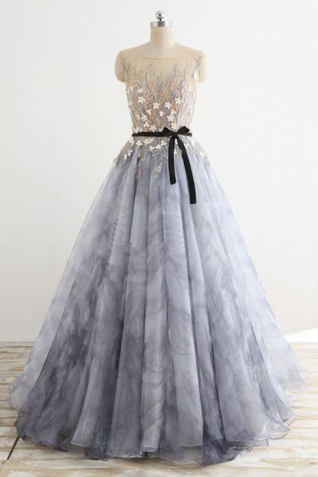 Gray Round Neck Tulle Long Prom Dress, Gray Evening Dress M1530