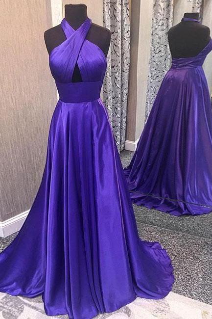 Satin Tie-halter Floor Length A-line Formal Dress Featuring Cutout Front And Open Back, Prom Dress M1536