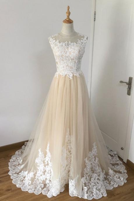Champagne A-line Tulle Lace Applique Long Prom Dress, Wedding Dress M1539