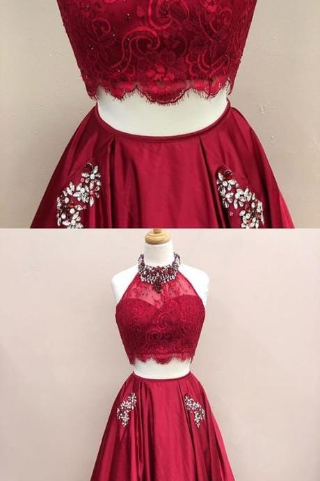Two Piece Jewel Dark Red Satin Prom Dress With Pockets Beading M1542