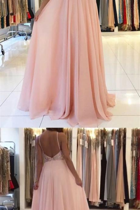 A-line Spaghetti Straps Keyhole Backless Pink Chiffon Prom Dress With Beading M1544