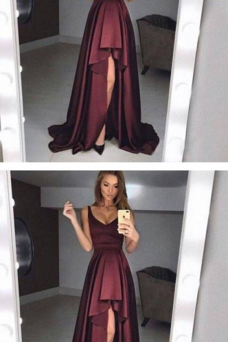 A-line Scoop High-low Burgundy Satin Evening Dress With Pleats M1549