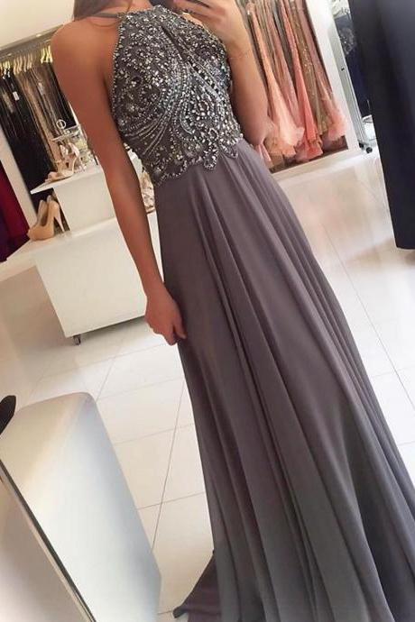 Silver Gray Prom Dress,halter Prom Dress,long Prom Gowns,beaded Evening Dress,open Back Dresses,chiffon Evening Gowns, M1564