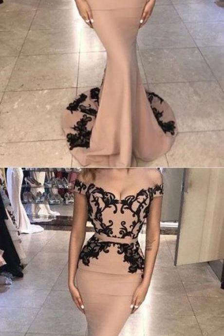 Modern Mermaid Off-the-shoulder Satin Long Prom/evening Dress With Sweep Train And Lace Appliques , M1576