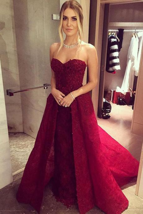 A-line Sweetheat Court Train Dark Red Lace Prom Dress With Appliques M1590