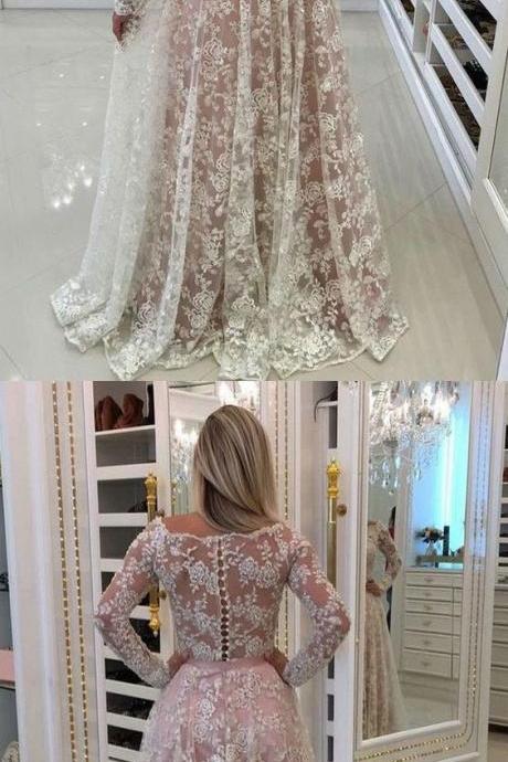 A-line Off-the-shoulder Sweep Train Long Sleeves Blush Lace Prom Dress With Belt M1591