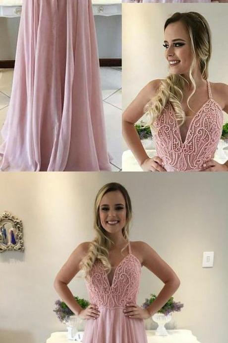 A-line V-neck Sweep Train Criss-cross Straps Pink Chiffon Prom Dress With Beading M1594
