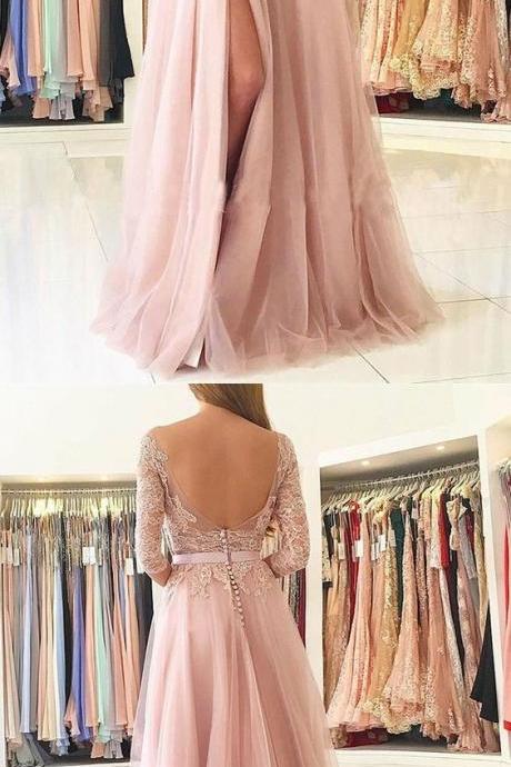 A-Line Bateau Long Sleeves Sweep Train Pink Tulle Prom Dress with Appliques M1595