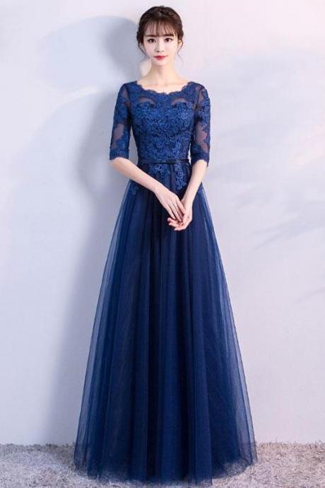 Blue Tulle Lace Long Prom Dress, Lace Evening Dress M1600