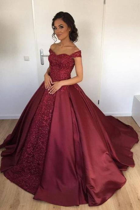 Ball Gown Off Shoulder Burgundy Satin Beaded Quinceanera Dress With Lace M1610