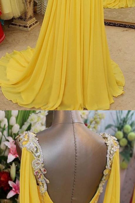 Yellow Prom Dresses, Long Prom Dresses, 2018 Pretty V-neck Long Chiffon Backless Beaded Prom Dresses M1612