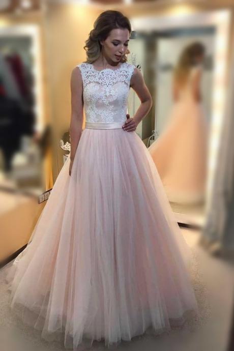 Pink Tulle Princess Prom Dress,a Line Formal Gown With Band,low Back Prom Dress With Lace M1623
