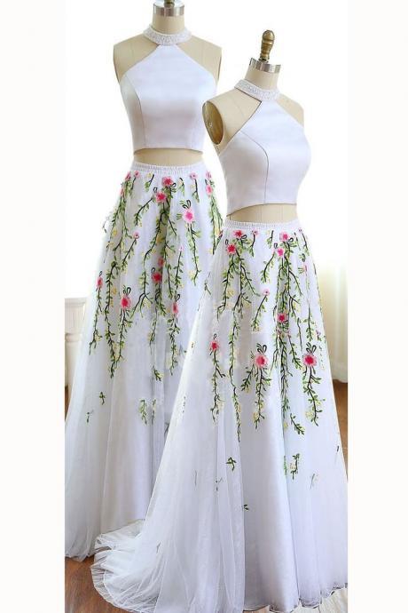 Unique White Jewel Sleeveless A-line Tulle Two Pieces Prom Dress With Flowers For Teens M1626